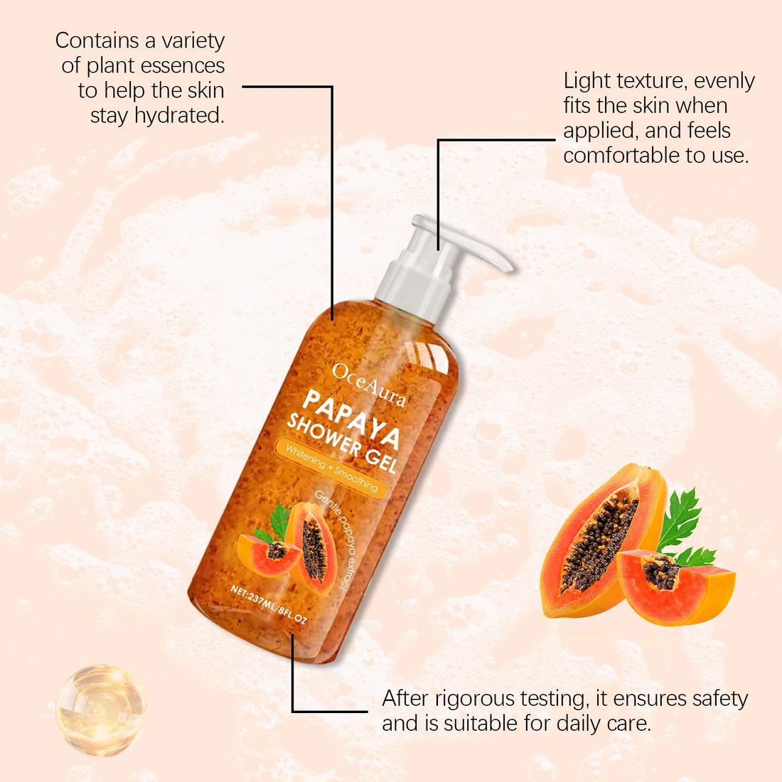 Papaya Shower Gel White Skin Smoothing Cleansing Remove Dirt Fade Pigmentation Rich Foam Lasting Aroma Hydrate Refresh Body Wash